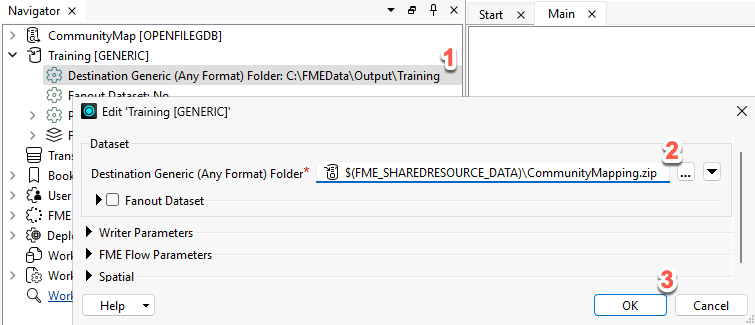 Setting the destination path to use an FME Flow parameter